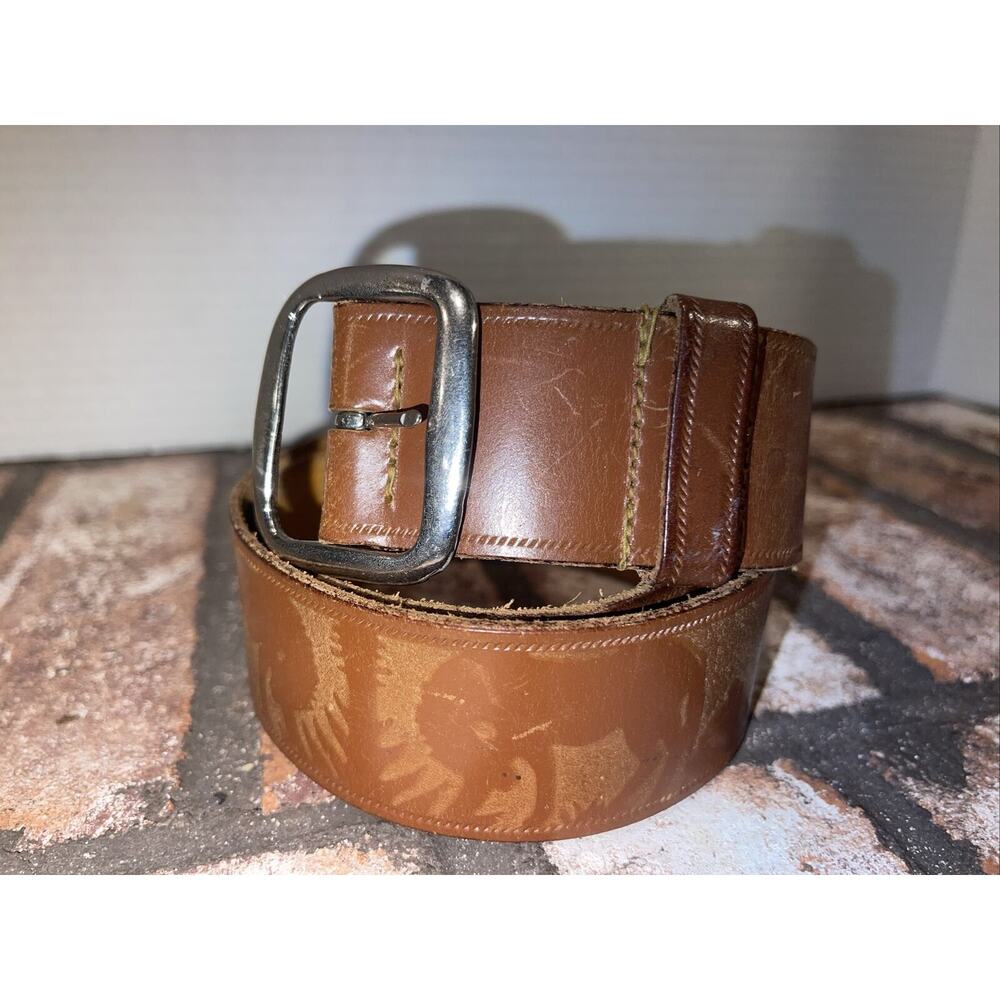 Vintage Genuine Leather Belt Kids Size - 30 In - Carved Figures